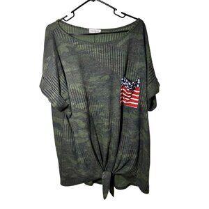 Womens Camo Print Ribbed Top W/ American Flag Pocket & Front Tie 3X By First Lov